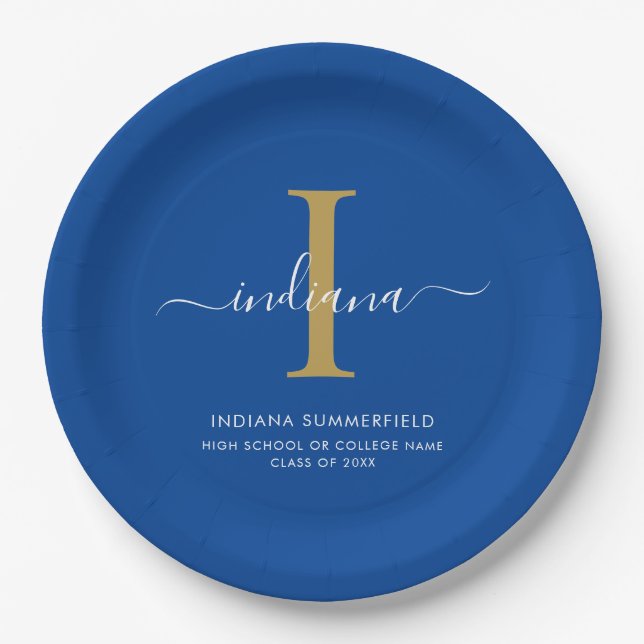 Modern Graduation Party Monogram Blue Minimalist Paper Plate (Front)