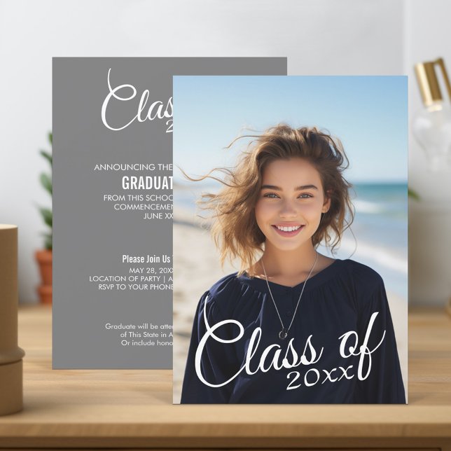 Modern Graduation Party Photo Charcoal White Invitation (Graduation Party Invitation and Announcement with Photo)