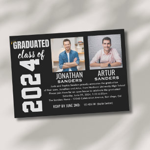 Modern Graduation Party with 2 Photos in Black Invitation