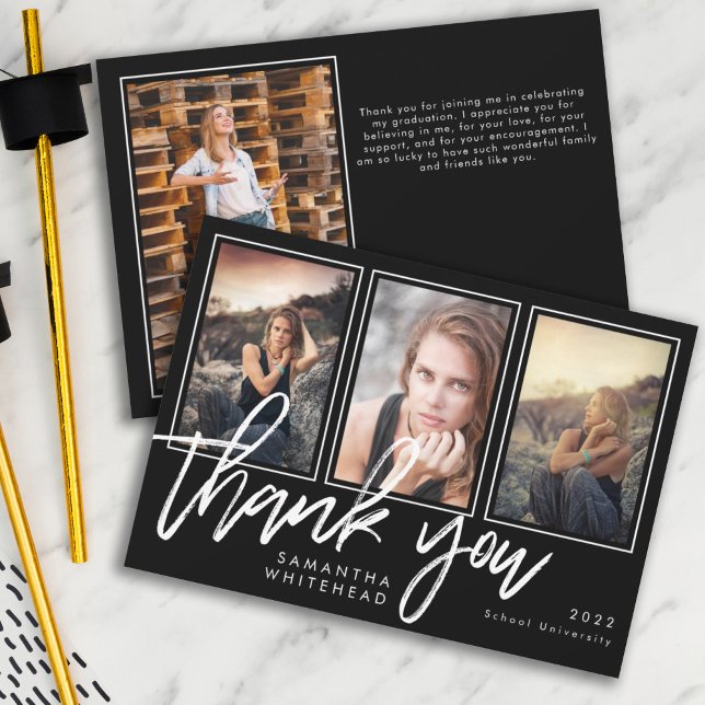Modern Graduation Photo Collage Black Thank You Card (Creator Uploaded)