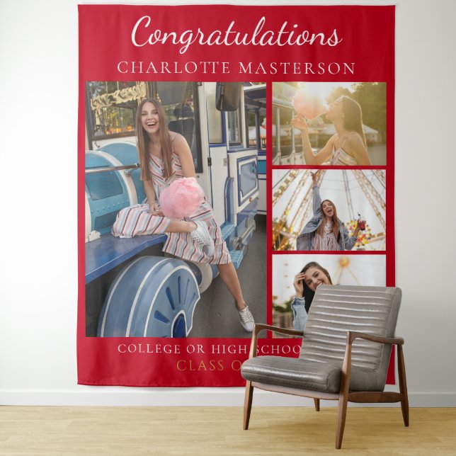 Modern Graduation Photo Collage Red Backdrop Tapestry (In Situ)