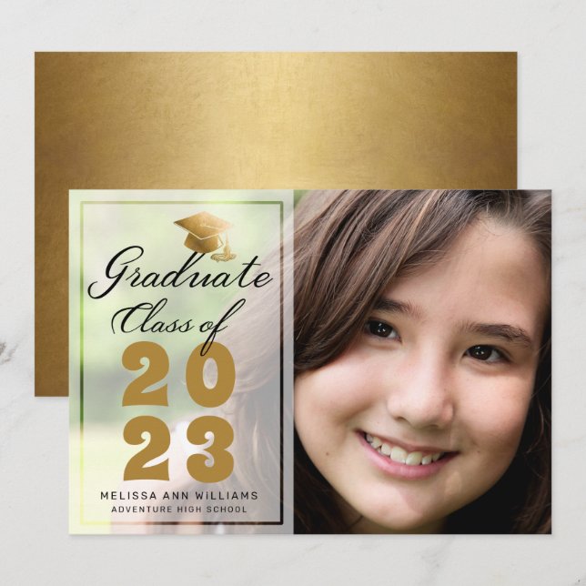 Modern Graduation Photo Gold Black Script 2023 Announcement (Front/Back)