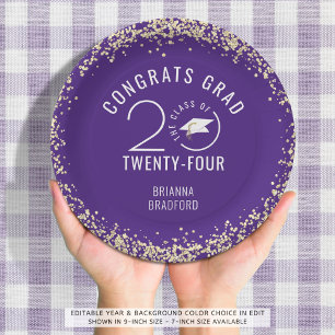 Modern Graduation Purple Faux Gold Glitter Paper Plate