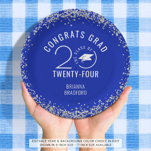 Modern Graduation Royal Blue Faux Silver Glitter Paper Plate
