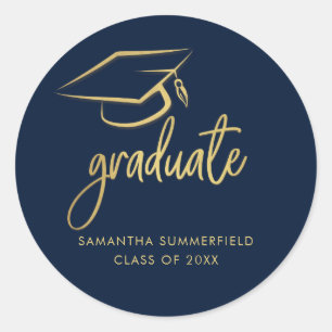 Modern Graduation Script 2025 Grad Cap Navy Blue Classic Round Sticker