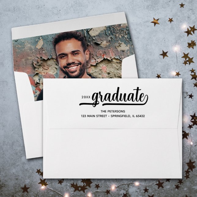 Modern Graduation Script Black Photo Lined Envelope (Your photo is printed inside these envelopes with FREE return address and Graduate script)