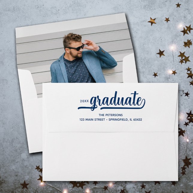 Modern Graduation Script Photo Lined Envelope (Your photo is printed inside these envelopes with FREE return address and Graduate script.)