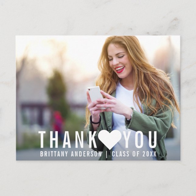 Modern Graduation Thank You Heart (Blank Back) Postcard (Front)
