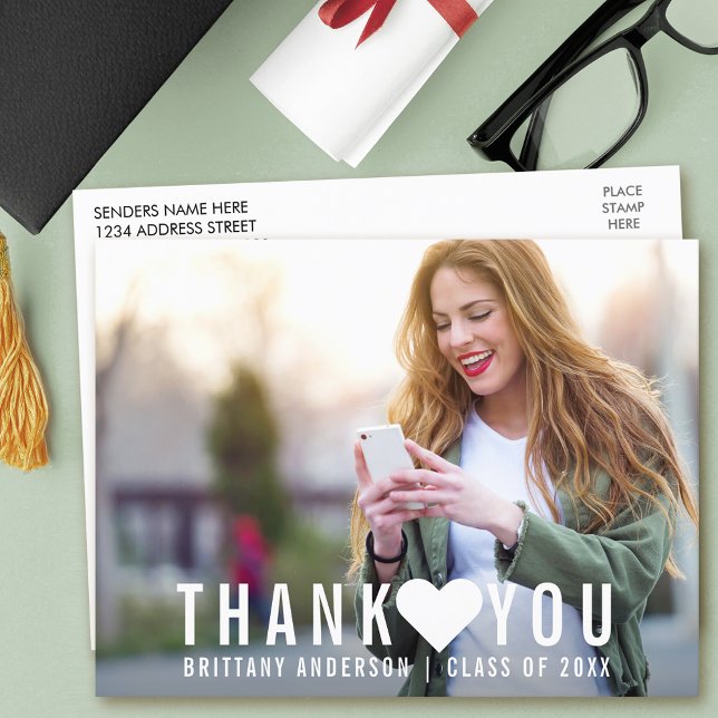 Modern Graduation Thank You Heart Postcard (Customize to change text size or text style.)