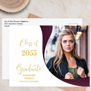 Modern Graduation White/Maroon Wave Photo Announcement Postcard