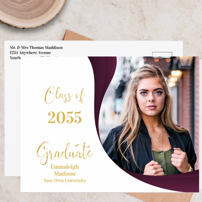 Modern Graduation White/Maroon Wave Photo Announcement Postcard (Creator Uploaded)
