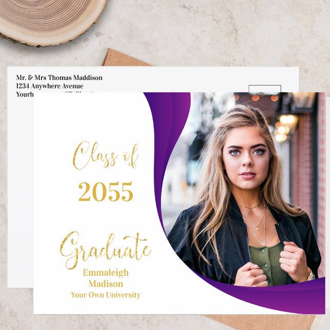 Modern Graduation White/Purple Wave Photo Announcement Postcard (Creator Uploaded)