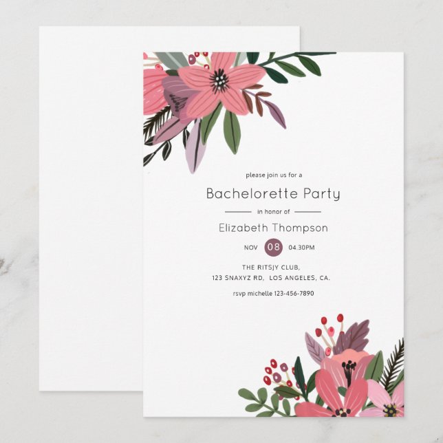 Modern Grandeur Plum and Pink Floral Bachelorette Invitation (Front/Back)