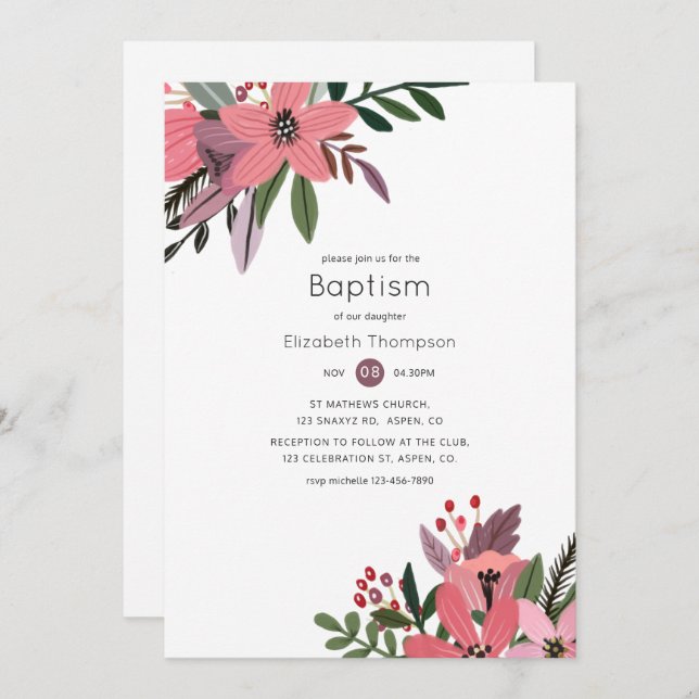 Modern Grandeur Plum and Pink Floral Baptism Invitation (Front/Back)