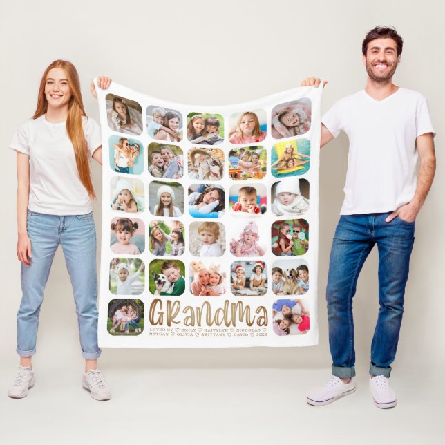 Modern GRANDMA 27 Photo Collage Personalised White Fleece Blanket (In Situ)