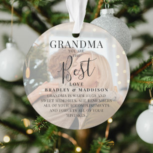 Modern 'GRANDMA' 2 Photo Names & Quote Christmas Ornament