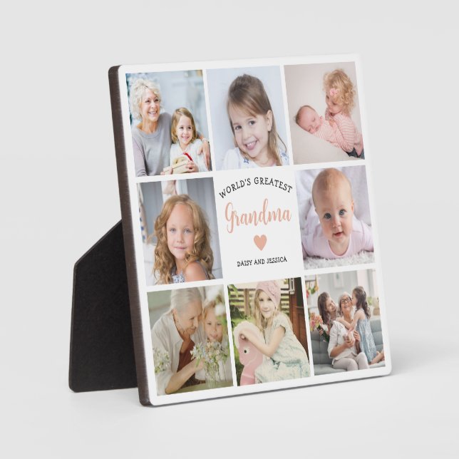Modern Grandma 8 Photo Collage Pink Heart Plaque (Front)