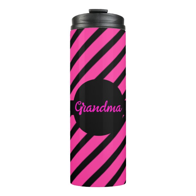 Modern Grandma Black and Pink Stripes Pattern Thermal Tumbler (Front)