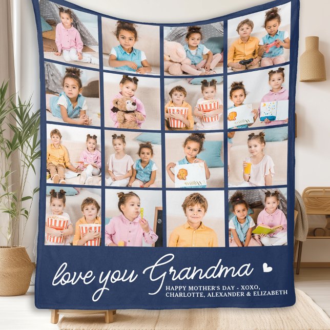 Modern Grandma Custom Navy Blue 16 Photo Collage  Fleece Blanket (Creator Uploaded)