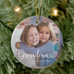 Modern Grandma We Love You Cute Heart 2 Photo Ceramic Tree Decoration