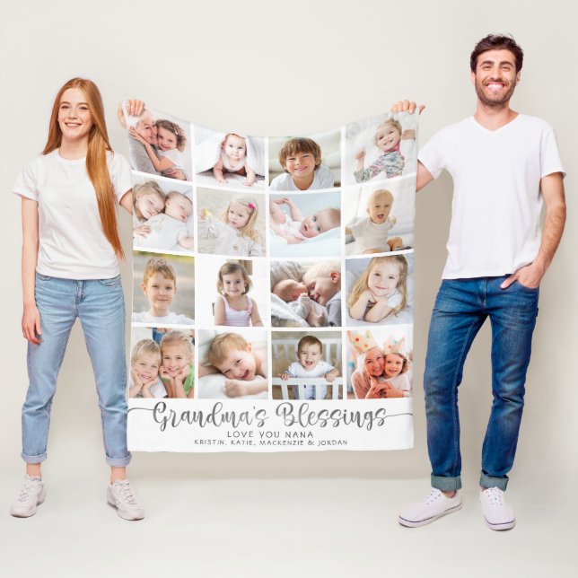 Modern Grandmas Blessings 16 Photos White Grey Fleece Blanket (In Situ)