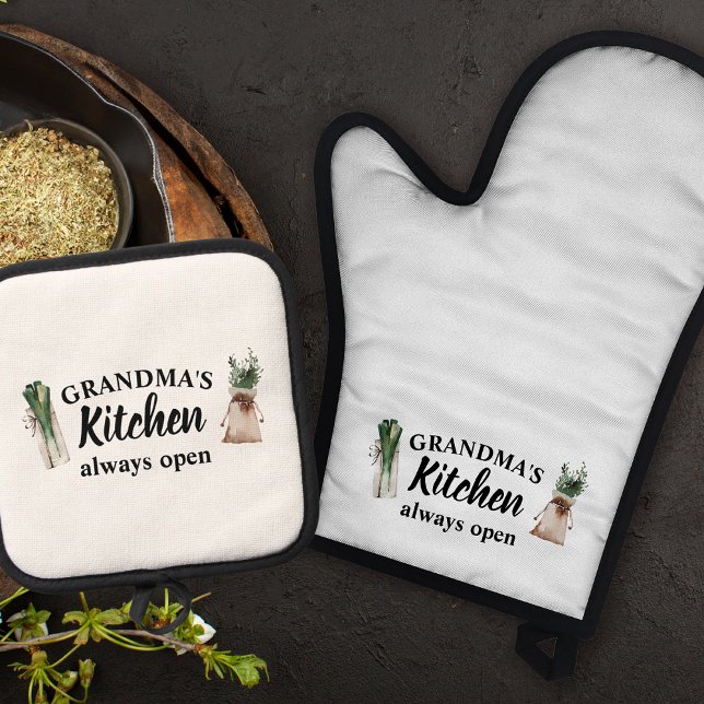Modern Grandma's Kitchen Is Always Open Best Gift Oven Mitt & Pot Holder Set (Creator Uploaded)