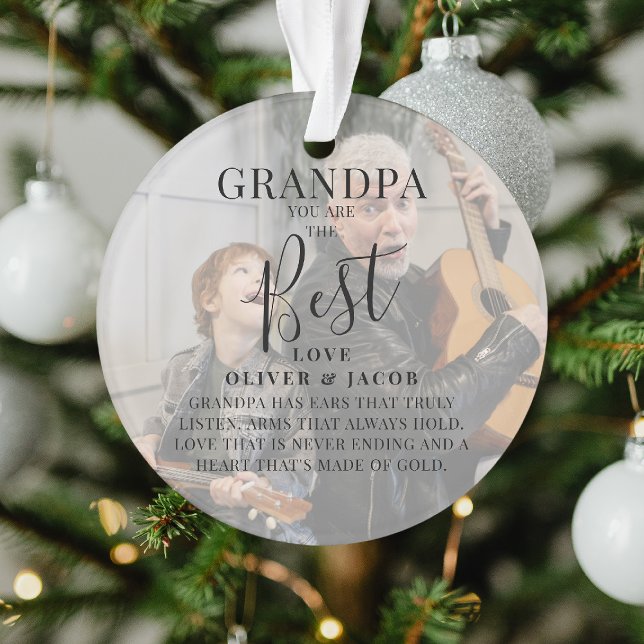 Modern 'GRANDPA' 2 Photo Names & Quote Christmas Ornament (Creator Uploaded)
