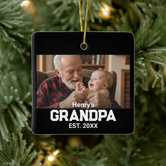 Modern Grandpa Est. Name Year Photo Black Ceramic Ornament (Tree)