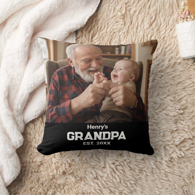 Modern Grandpa Est. Name Year Photo Black Cushion (Blanket)