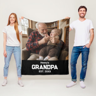 Modern Grandpa Est. Name Year Photo Black Fleece Blanket