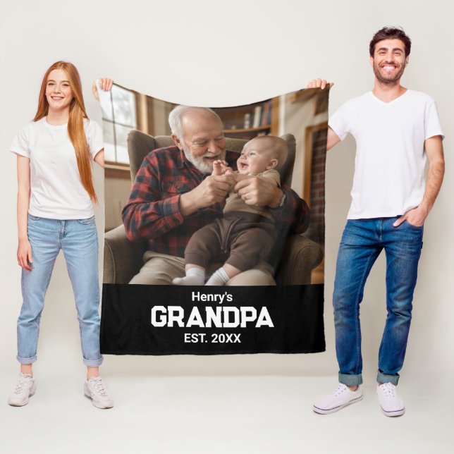 Modern Grandpa Est. Name Year Photo Black Fleece Blanket (In Situ)
