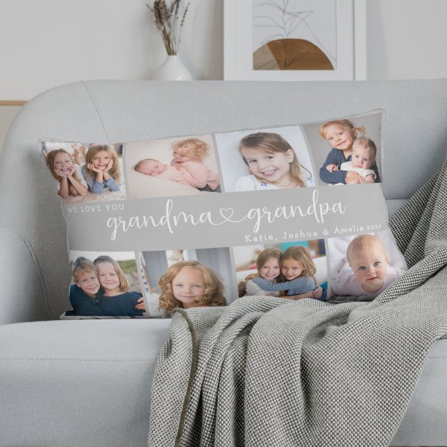 Modern Grandparents Photo Collage Heart Script Lumbar Cushion (Creator Uploaded)