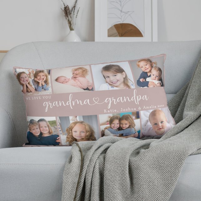 Modern Grandparents Photo Collage Heart Script Lumbar Cushion (Creator Uploaded)