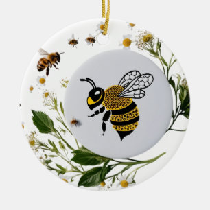 Modern Graphic Bee Botanical Wreath Ceramic Circle Tree Decoration