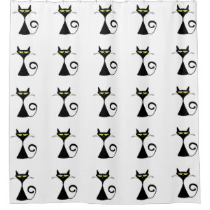 Modern Graphic Black Cat Yellow Eyes Custom Colour Shower Curtain