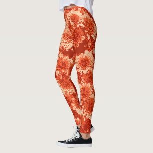 Modern Graphic Dahlia Flowers, Mandarin Orange Leggings