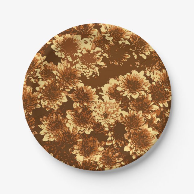 Modern Graphic Dahlia Pattern,Brown and Gold Paper Plate (Front)