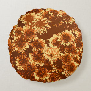 Modern Graphic Dahlia Pattern,Brown and Gold Round Cushion