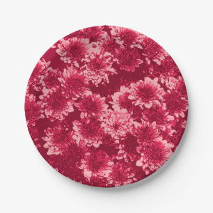 Modern Graphic Dahlia Pattern, Burgundy and Pink Paper Plate