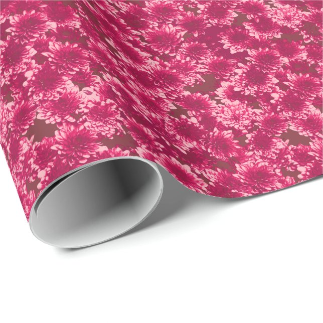 Modern Graphic Dahlia Pattern, Burgundy and Pink Wrapping Paper (Roll Corner)