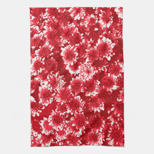 Modern Graphic Dahlia Pattern, Dark Red and White Tea Towel