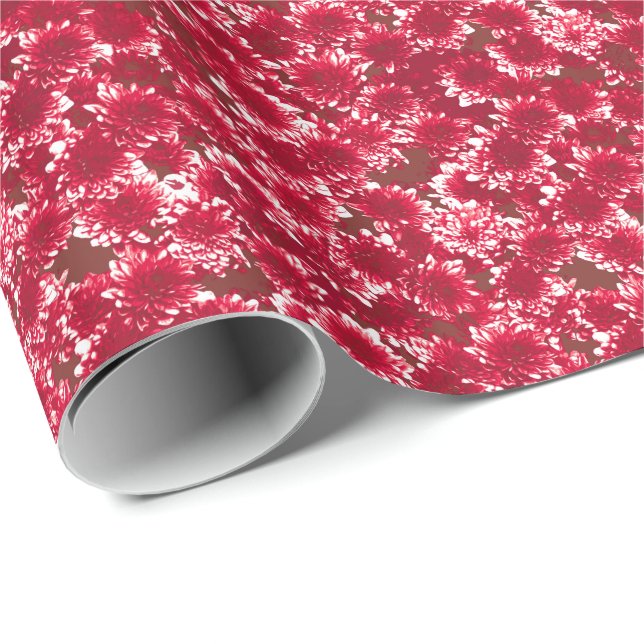 Modern Graphic Dahlia Pattern, Dark Red and White Wrapping Paper (Roll Corner)