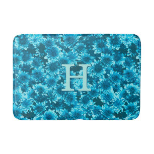 Modern Graphic Dahlia Pattern, Indigo Blue Bath Mat