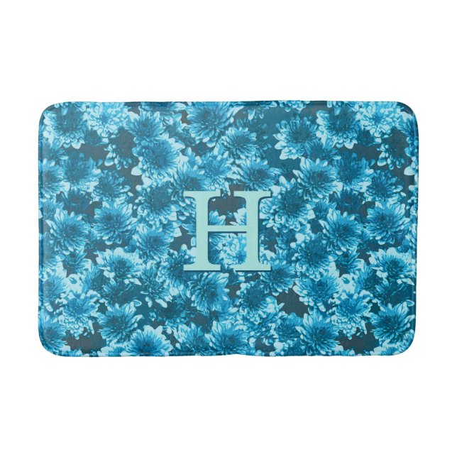 Modern Graphic Dahlia Pattern, Indigo Blue Bath Mat (Front)