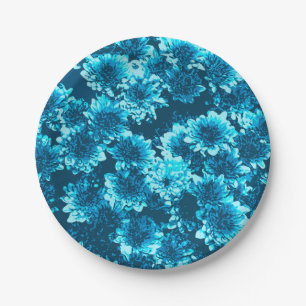 Modern Graphic Dahlia Pattern, Indigo Blue Paper Plate
