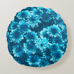 Modern Graphic Dahlia Pattern, Indigo Blue Round Cushion