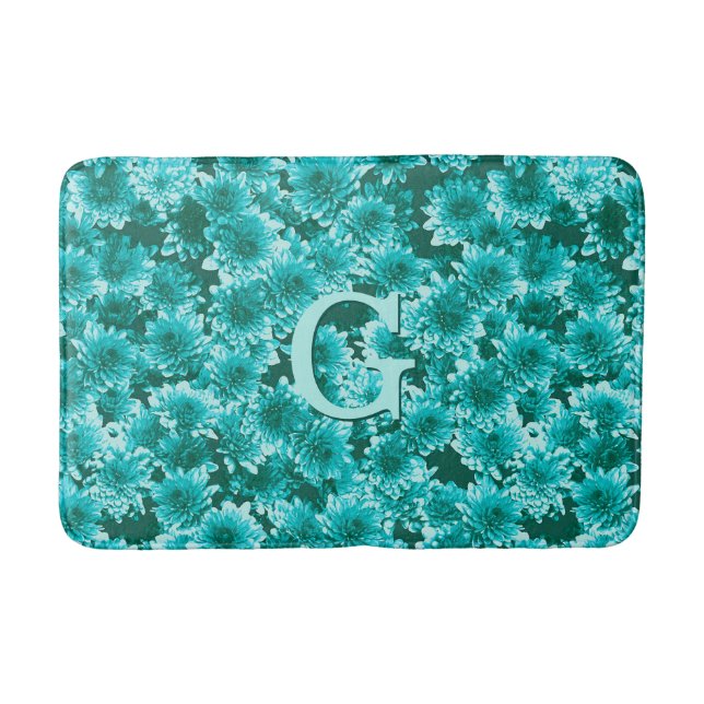Modern Graphic Dahlia Pattern, Teal and Aqua Bath Mat (Front)