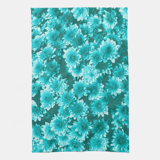 Modern Graphic Dahlia Pattern, Teal and Aqua Tea Towel (Vertical)