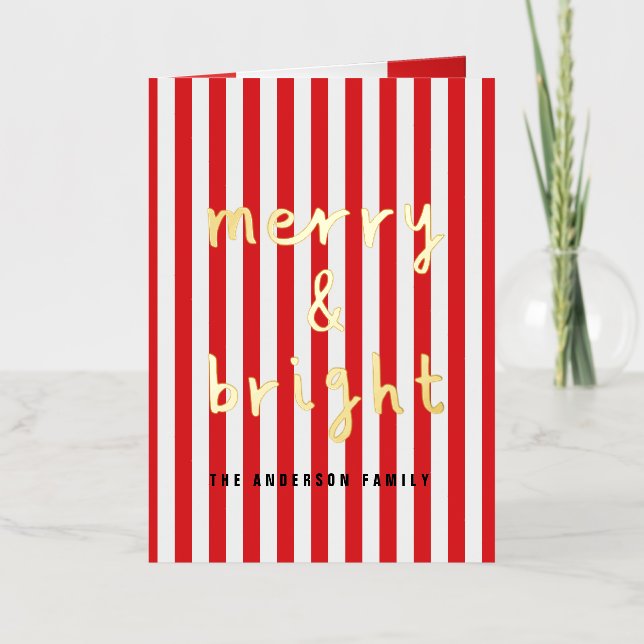 Modern graphic minimal Christmas red and white Foil Holiday Card (Front)