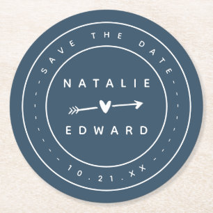 Modern, graphic save the date round paper coaster